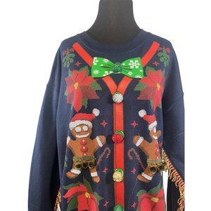 Gingerbread Man Ugly Christmas Sweatshirt Size Large Navy Gildan Tag
